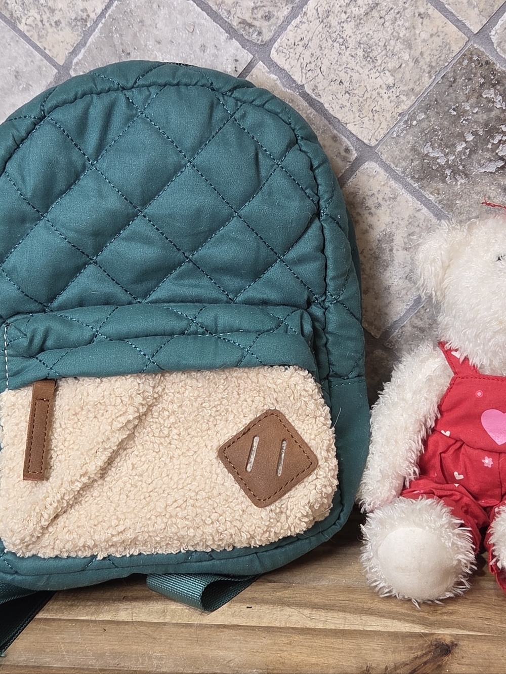 White Plush Teddy Bear in Red Heart Romper With Quilted Backpack With Sherpa